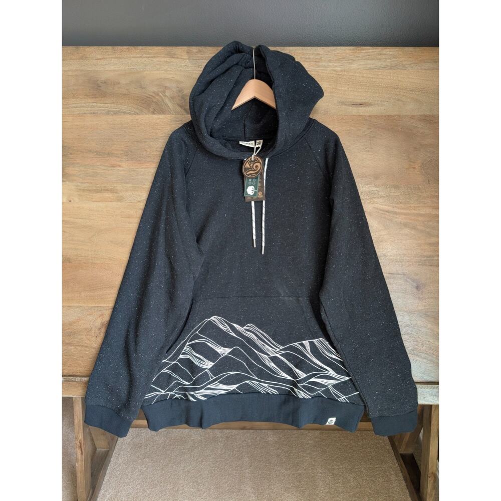 Happy Earth Hoodie Mens XL Black White Dotted Mountain Design Long Sleeve NWT